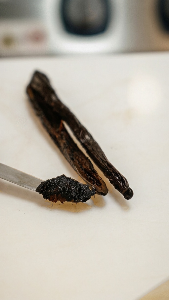 Geöffnete Schote mit reinem Vanillemark