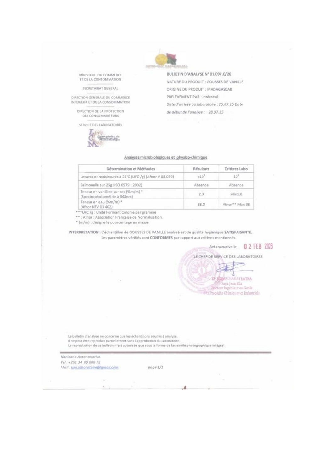 Bulletin d'Analyse N° 01.097.C/26 – Bourbon-Vanille