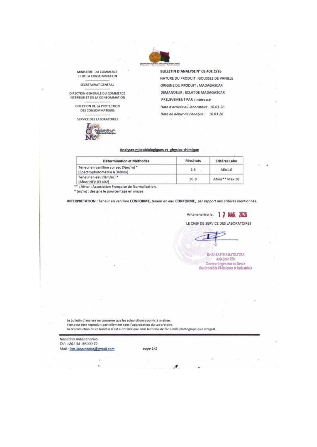 Bulletin d'Analyse N° 03.402.C/26 – Pompona-Vanille